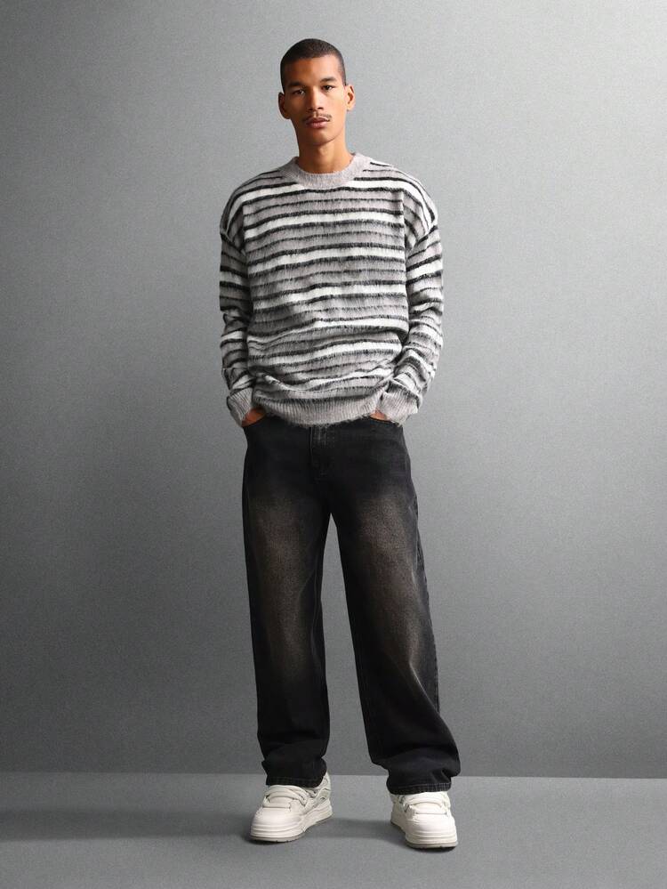 Fluffy Striped Knit Sweater With Crew Neck