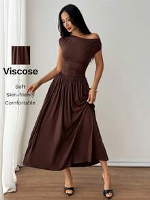 SHEIN PETITE 女士优雅超级百搭弹力面料黑色或日常穿着、派对、露肩、大码女装、A 级长裙 - 咖啡棕 - 查看 7