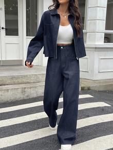 DAZY Bộ áo crop top cổ bẻ và quần jeans ống rộng thoải mái cho nữ - Màu xanh lam - Xem 2