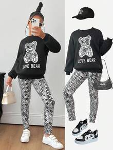 SHEIN 2pcs/Set Tween Girls Bear Print Crew Neck Sweatshirt And Geometric Pattern Pants Outfit Fall Winter
