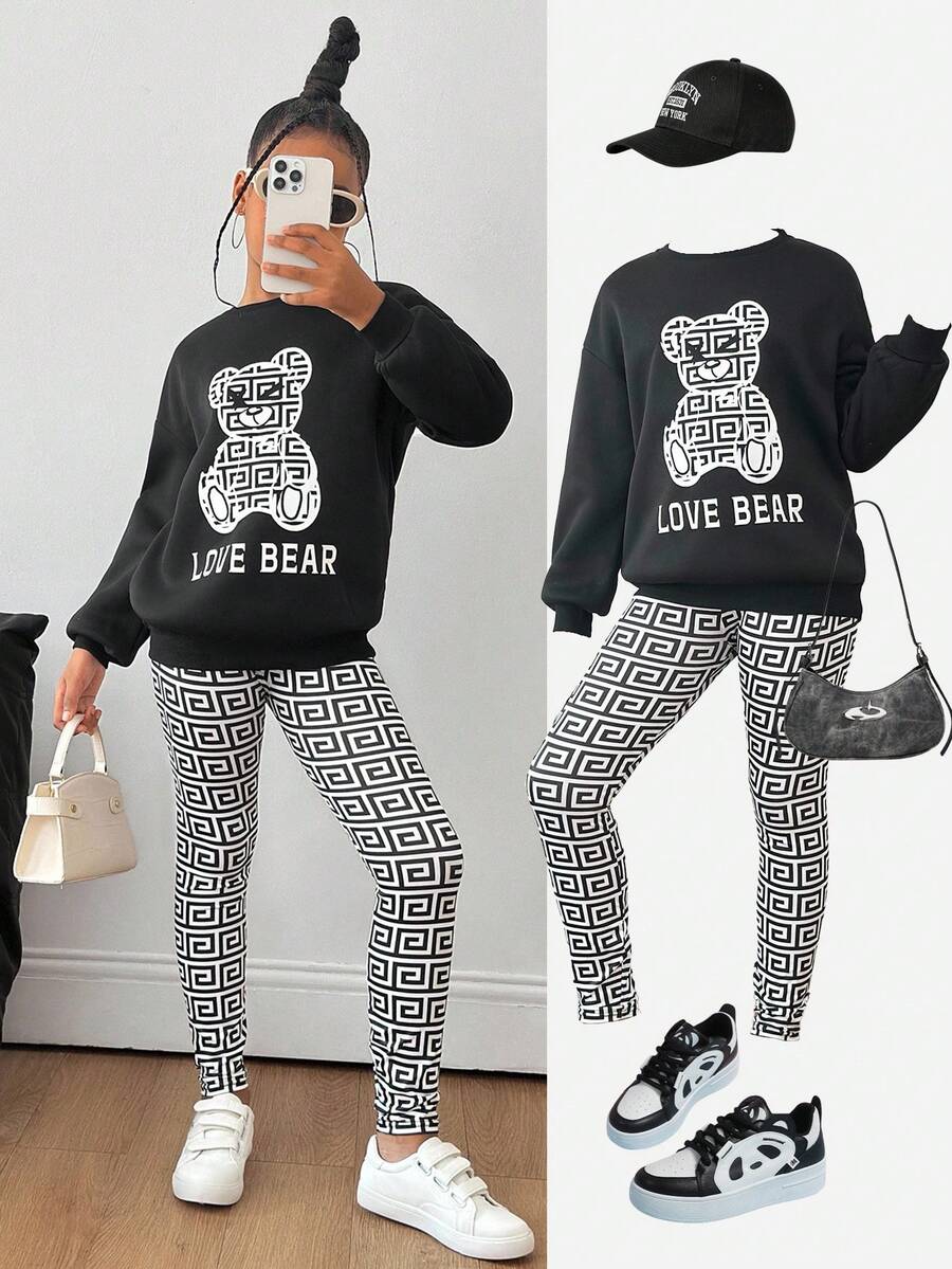 SHEIN 2pcs/Set Tween Girls Bear Print Crew Neck Sweatshirt And Geometric Pattern Pants Outfit Fall Winter