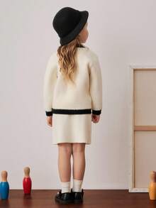 PrepCrw Young Girls' Collegiate Style Color Block Button-Front Knit Cardigan/Knit Mini Skirt Set Fall Winter - Black and White - View 2