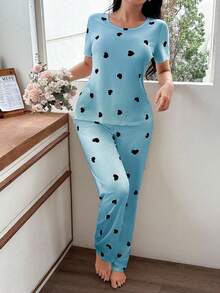 SHEIN 心形印花短袖睡衣套装 - 淺藍色 - 查看 4