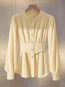 SHEIN Franclia Women's Elegant Delicate Gentle Puff Sleeve Splicing Faux Waist Decor A-Line Velvet Long Sleeve Blouse, Autumn/Winter - Apricot - View 4