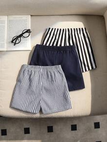 Souflis Souflis 3pcs Infant & Toddler Boys' Casual Khaki Plaid, Black & White Stripe, Solid Color Shorts, Summer Essentials For Daily Wear, Vacation & Outings