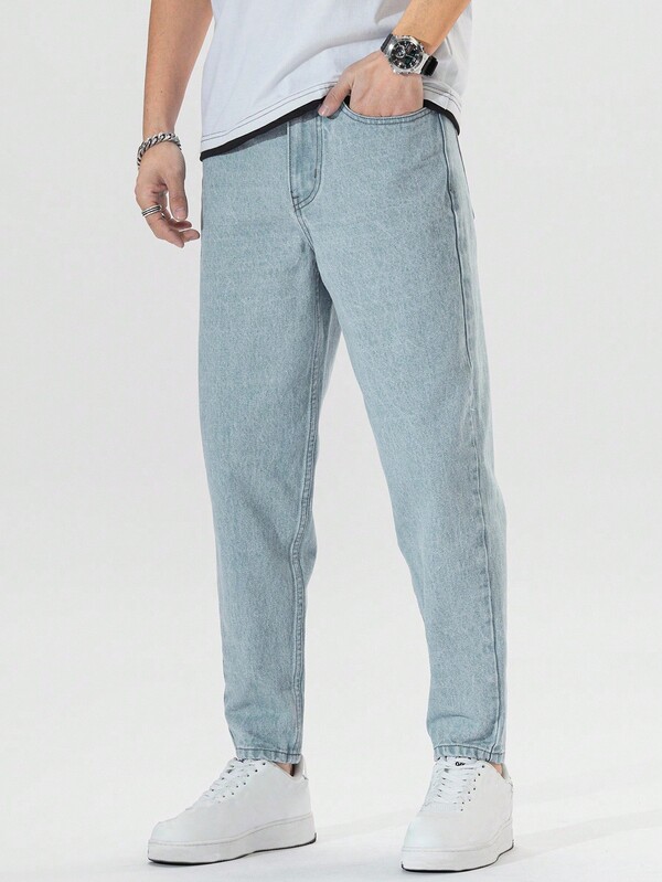 Chillumni Jeans con bolsillo sesgado para hombres, jeans rectos de pierna larga lavados de color azul claro, jeans de carga, jeans claros, para regalos de esposo o novio