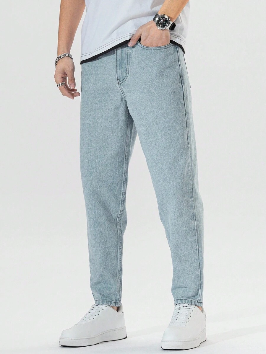 Manfinity EZcore 男士斜口袋牛仔裤，纯色长款水洗直筒浅蓝色工装牛仔裤浅色牛仔裤，适合送给老公、男朋友的礼物