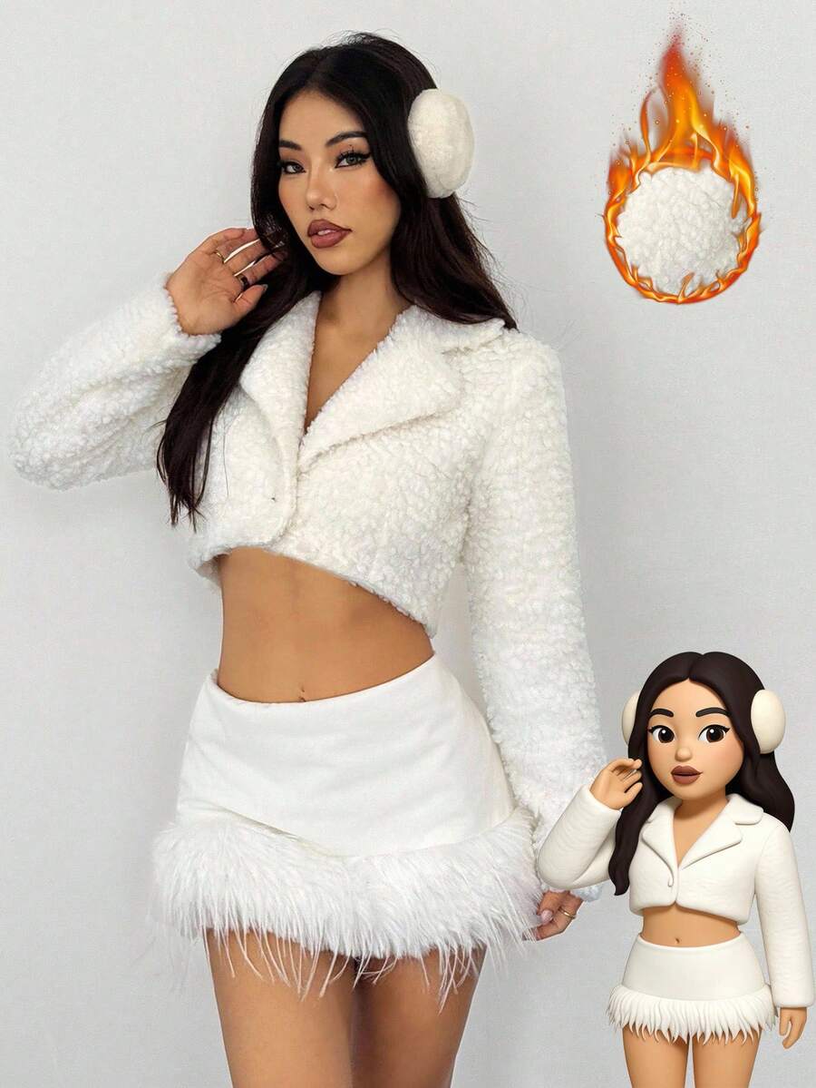 SHEIN PETITE 女士纯色翻领长袖单排扣短款仿皮草外套 白色毛绒大衣 秋冬款 - 白色 - 查看 1