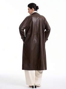 Aalyst Women's Dark Brown Leather Jacket,Chic Autumn Long Over Knee Coat,Shirt Collar,Front Button Closure,Waist Slit,Side Pockets,Office Commute Vintage - Brown - View 3