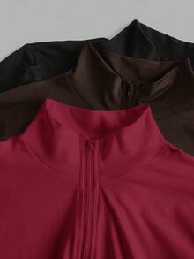 Slaydiva 3pcs/Set Women's Simple Casual Autumn/Winter V-Neck Zipper Tight Long Sleeve T-Shirts, White+Black+Grey,Red Top