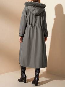 EURMUSE Dark Grey Long Hooded Parka With Faux Fur Trim - Dark Grey - View 2