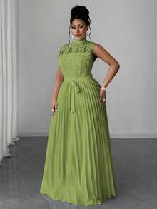 Maweii 女式加大码优雅纯色蕾丝褶腰无袖连衣裙 - 綠色 - 查看 4