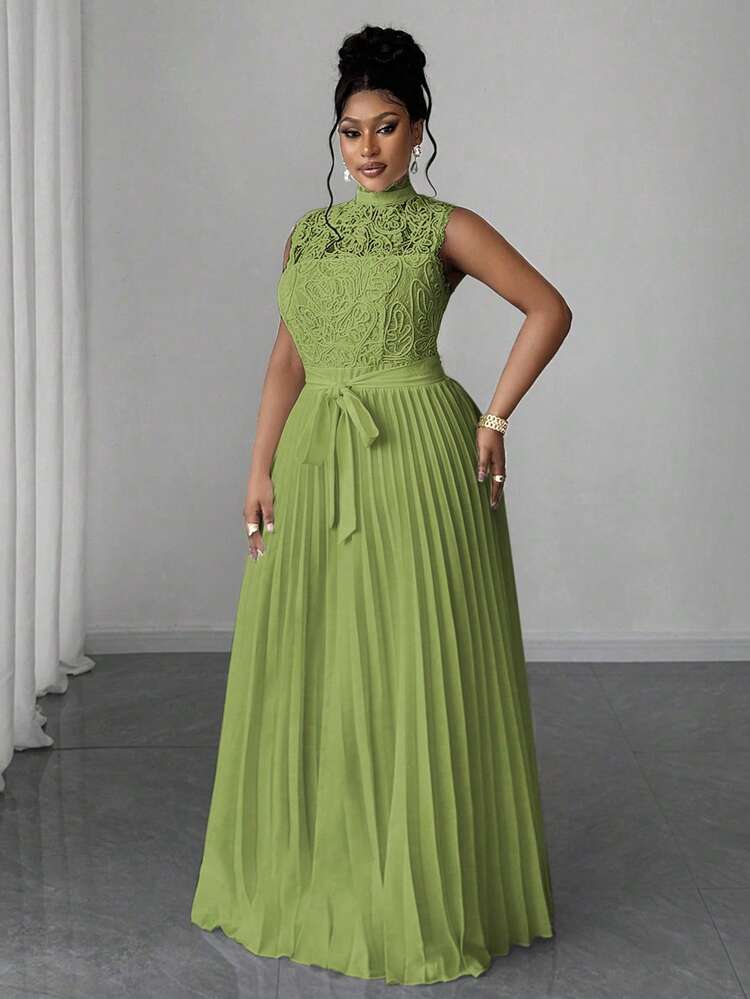 Maweii Plusstorlek Elegant Enfärgad Spets Plisserad Midja Ärmlös Klänning För Damer - Grön - Visa 4