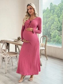 SHEIN Maternity Solid Lace Trim V-Neck Tie Front Long Sleeve Dress, Textured Fabric, Spring/Autumn - Watermelon Pink - View 5