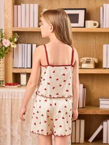 SHEIN 2件套可爱细肩带心形印花大女孩睡衣 - 杏色 - 查看 2