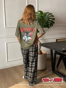 TOM AND JERRY X DAZY Casual Letter Decor Graphic Print Top And Plaid Loose Fit Sleepwear Pants Set Pajama - Green - View 4