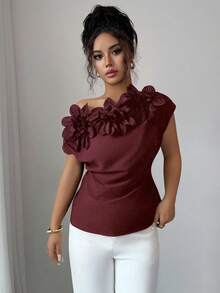 Elenzga 女士优雅通勤不对称领衬衫，3D花卉装饰，夏季 - 酒紅色 - 查看 3