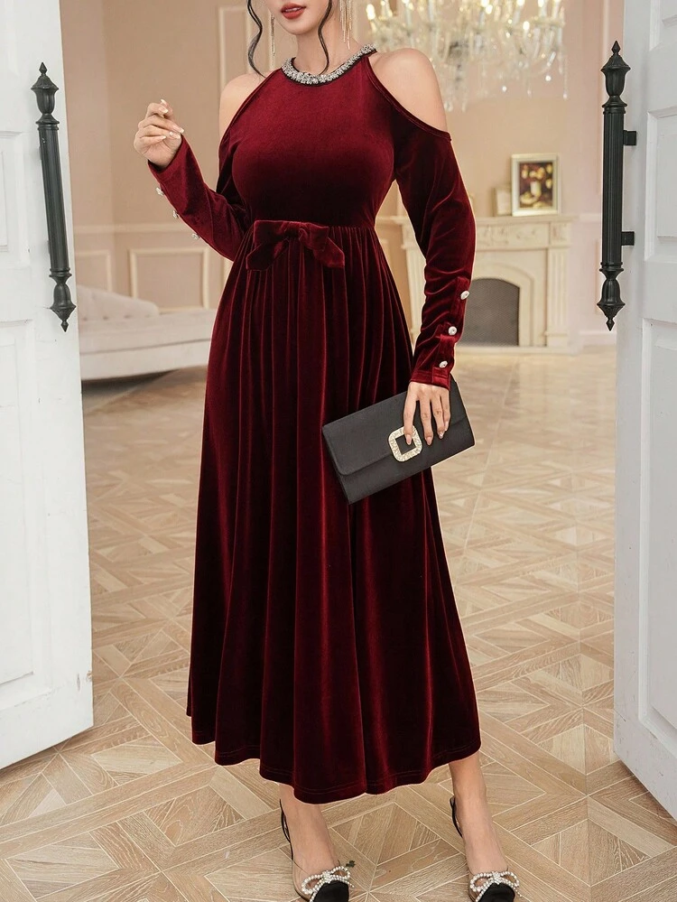 Women's Elegant Party Sequin Decor Open Shoulder Mid-Length Dress Red Women Dresses Christmas Maxi Dress