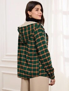 Miaspire Plaid Print Teddy Lined Snap Button Drawstring Hooded Coat - Dark Green - View 2