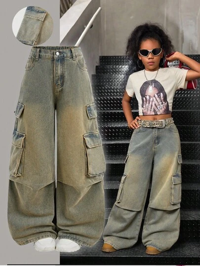 SHEIN 少女时尚休闲 Y2K 复古酷炫街头风返校学院风简约基础舒适怀旧蓝色牛仔工装裤，带口袋设计，宽松阔腿牛仔裤，适合少女日常穿着，柔软舒适，秋冬季适合参加锐舞派对、节日活动和居家穿着，街头风校园服饰。