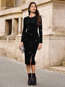 EMERY ROSE 女士黑色天鹅绒水晶缀饰修身中长连衣裙，秋冬长袖新年装黑色天鹅绒连衣裙圣诞派对女士连衣裙长款冬装新年前夜装新年装长袖连衣裙节日派对女士连衣裙闪光连衣裙女士连衣裙，波尔卡圆点连衣裙 - 黑色 - 查看 1