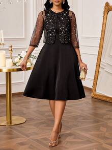 SHEIN Lady Women's Metallic Star Mesh 3/4 Sleeve Top And Sleeveless Dress Elegant 2 Pieces Set