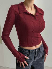 DAZY 学院风秋季新款单件女式Polo领修身纹理T恤长袖女式上衣 - 酒紅色 - 查看 4