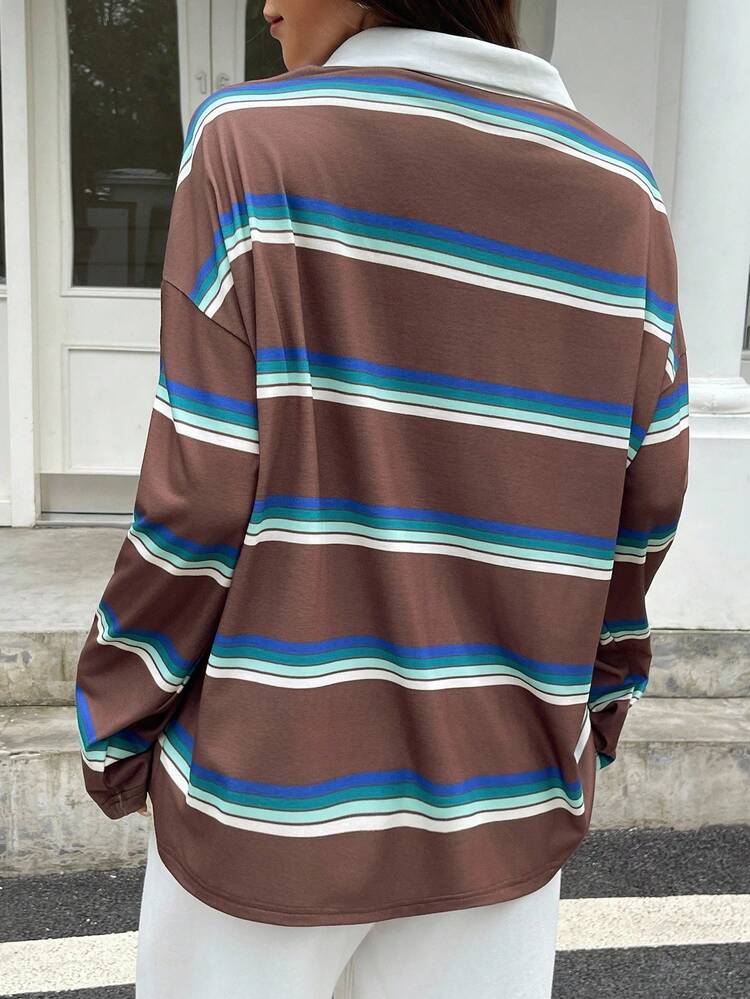Color Block Striped Loose Fit Long Sleeve Women T-Shirt