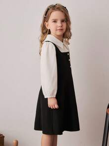 PrepCrw Young Girls' Preppy Style Color Block 2 In 1 Shirt Collar Long Sleeve Dress Fall Winter - Black and White - View 3