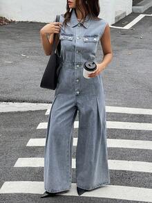 DAZY Women's Autumn Collared Sleeveless Waist Denim Jumpsuit Overalls Y2k - Blue - View 1