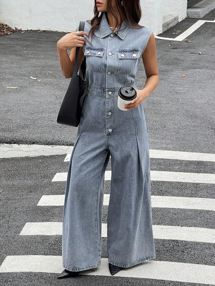 DAZY Women's Autumn Collared Sleeveless Waist Denim Jumpsuit Overalls Y2k - Blue - View 1
