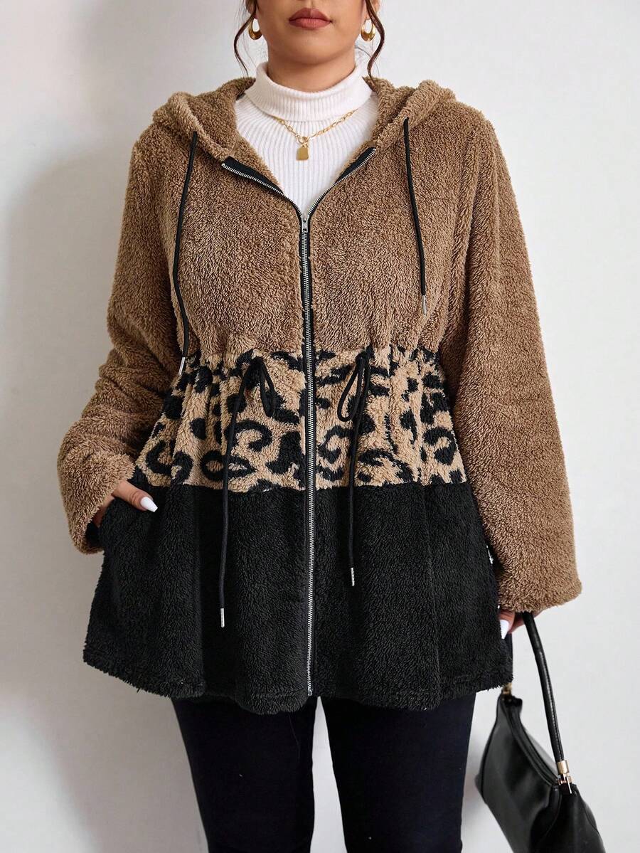 SHEIN Essnce Plus Size Casual Color Block Leopard Print Drawstring Hooded Jacket, Autumn/Winter Brown Jacket Women Brown Hoodie