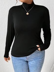 EMERY ROSE 2 piezas Camiseta de manga larga con cuello alto de talla grande, estilo minimalista casual con estampado de leopardo y unicolor, para otoño/invierno - Multicolor - Ver 3