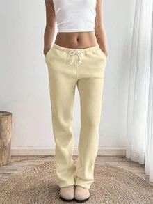 SHEIN Unity Apricot Low Waist Drawstring Tie Slant Pocket Straight Wide Leg Sweatpants, Fashion Minimalist Casual Daily Versatile, Suitable For Petite Women, Spring/Autumn - Apricot - View 6