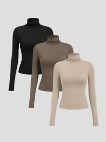 Sweetra Conjunto de camiseta de cuello alto de terciopelo de ajuste ceñido y cómodo para mujer, otoño/invierno - Multicolor - Ver 6