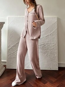 DAZY Comfortable Knit Fleece Fabric Simple English Embroidery Decor Long Sleeve Top & Pants Loungewear Set Fall, Winter Clothes , Cozy