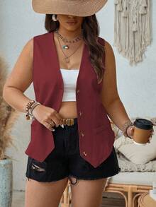 EMERY ROSE Plus Size Women's Solid Color Single-Breasted Casual Lightweight Vest - Burgundy - View 6