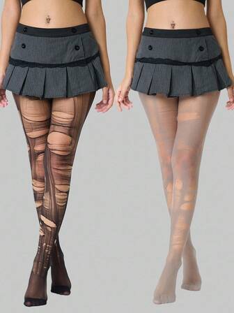 Grunge Punk 1 Paio di Collant Neri Tinta Unita + 1 Paio di Collant Grigi, Set Combo Stile Y2K Baddie, Adatto per Uso Quotidiano e Casual