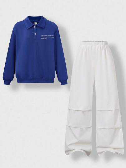 SHEIN 男童两件套服装，蓝色领 Polo 衫长袖上衣搭配白色阔腿裤，适合秋冬季休闲装、上学装、外出装