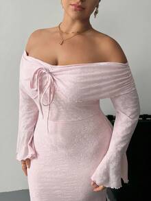 SHEIN PETITE CURVE 大码女式露肩修身长袖喇叭袖优雅连衣裙 - 粉色 - 查看 7