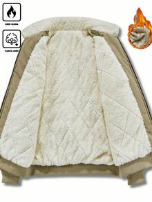 Manfinity Homme Men's Plus Size Winter Fleece Coat, Modest Hiking Outdoor, Loose Khaki Lapel Quilted Lining Zipper Pocket Coat - Khaki - View 4