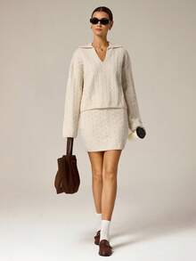 Hanevo 2件套女士休闲舒适懒人针织毛衣套装，秋冬 - 杏色 - 查看 1