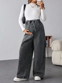 SHEIN Maternity Elastic Waist Wide Leg Jeans, Casual For Autumn Winter Christmas New Year Thanksgiving Commuting Vacation Graduation Chic Y2k Christmas Warm Cute Streetwear Birthday Party Wedding Elegant Business Casual Woman Thermal Lined Jeans Cozy Thermal Lined Women's Sweatpants Dark Gray Elastic Waist Drawstring Wide Leg Warm Winter Lounge Pants For Ultimate Comfort - Black - View 5