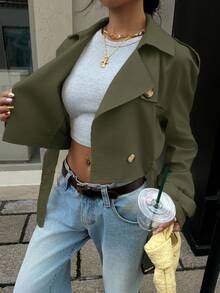 Muchica Áo khoác trench coat nữ hai hàng cúc màu mơ phong cách thời trang thường ngày cho mùa thu/đông - xanh quân đội - Xem 6