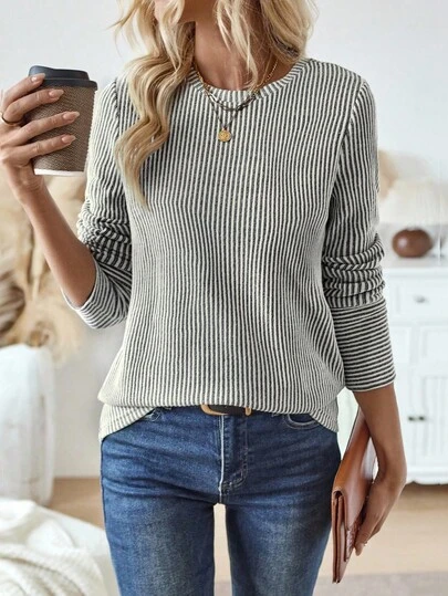 EMERY ROSE Women Casual Striped Round Neck Long Sleeve Loose T-Shirt, Autumn Women Tops For Spring