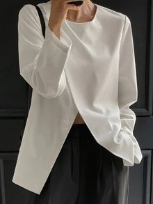 DAZY Women's Solid Color Round Neck Long Sleeve Simple Casual Shirt Fall - White - View 6