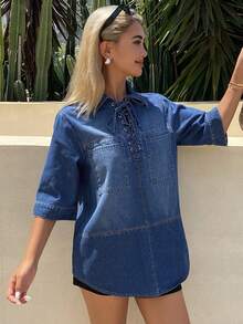 DAZY Áo sơ mi denim rách, rộng rãi, thoải mái dành cho nữ, Thu/Đông - Màu xanh lam - Xem 6