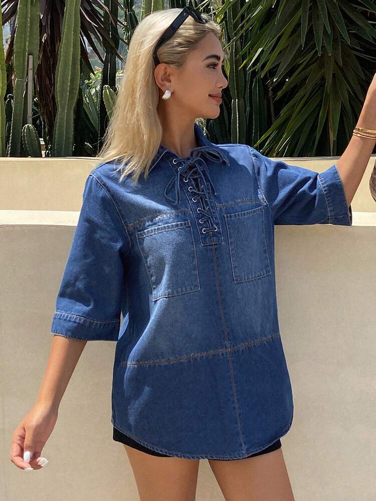 Women's Loose Casual Distressed Washed Denim Shirt, Autumn/Winter