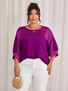 Cravure Plus Size Purple Autumn Elegant Formal Round Neck 3/4 Raglan Sleeve Metallic Fabric Patchwork Contrast Color Woven Cuff Casual Commute Party Shirt - Red Violet - View 5