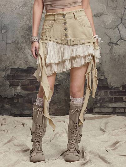 Grunge Punk Y2K Distressed Design Ruffle Trim Patchwork Women Denim Mini Skirt